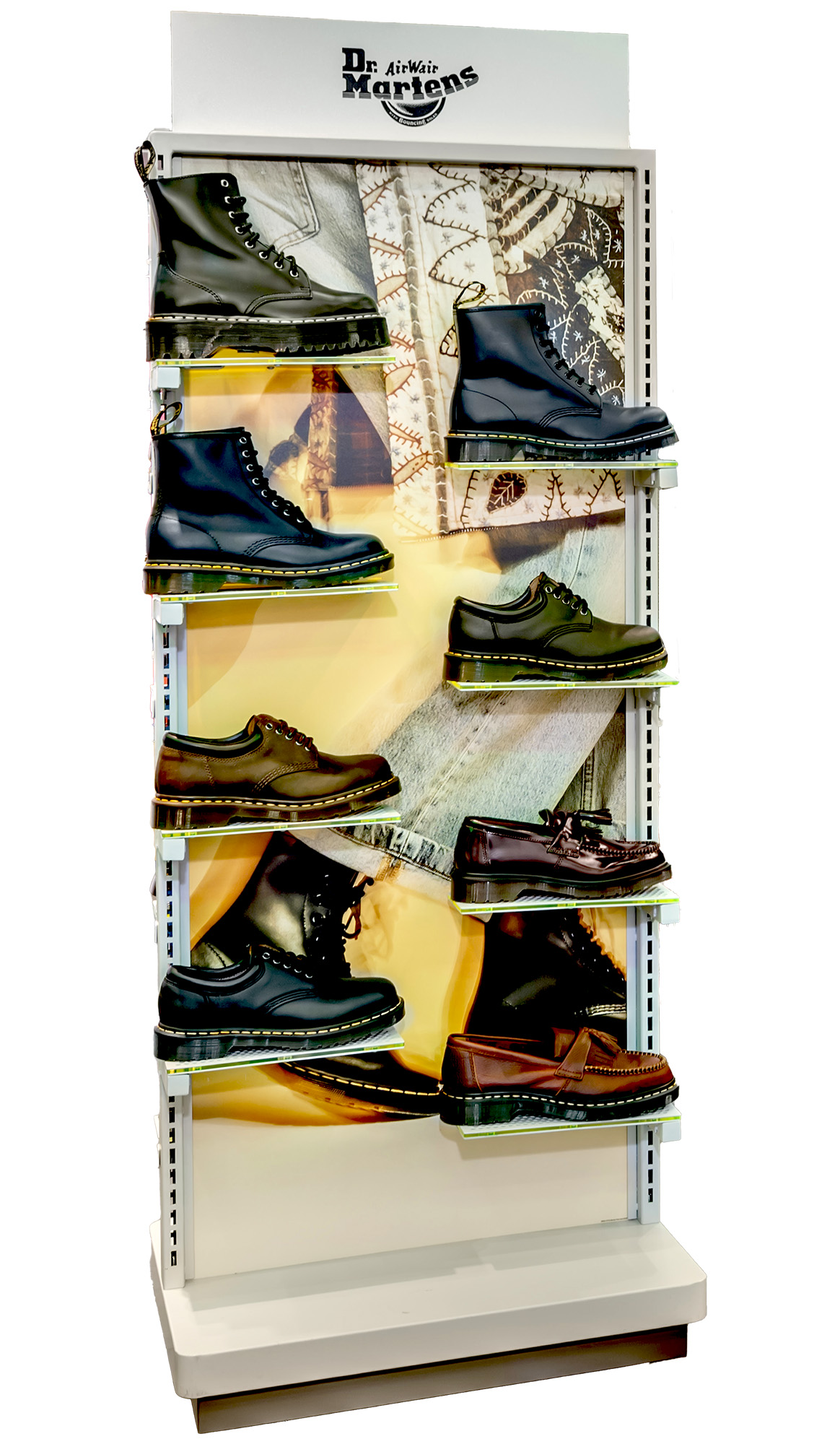 Shoe tower display with Dr. Marten's branding.